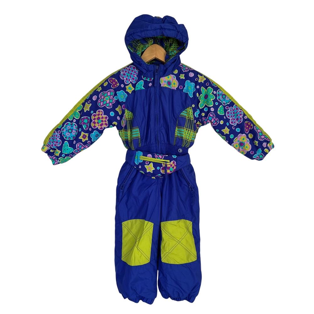 Girl's Blue Green Floral Snowsuit Retro One Piece Ski Suit Zip Up Size 4 Hooded